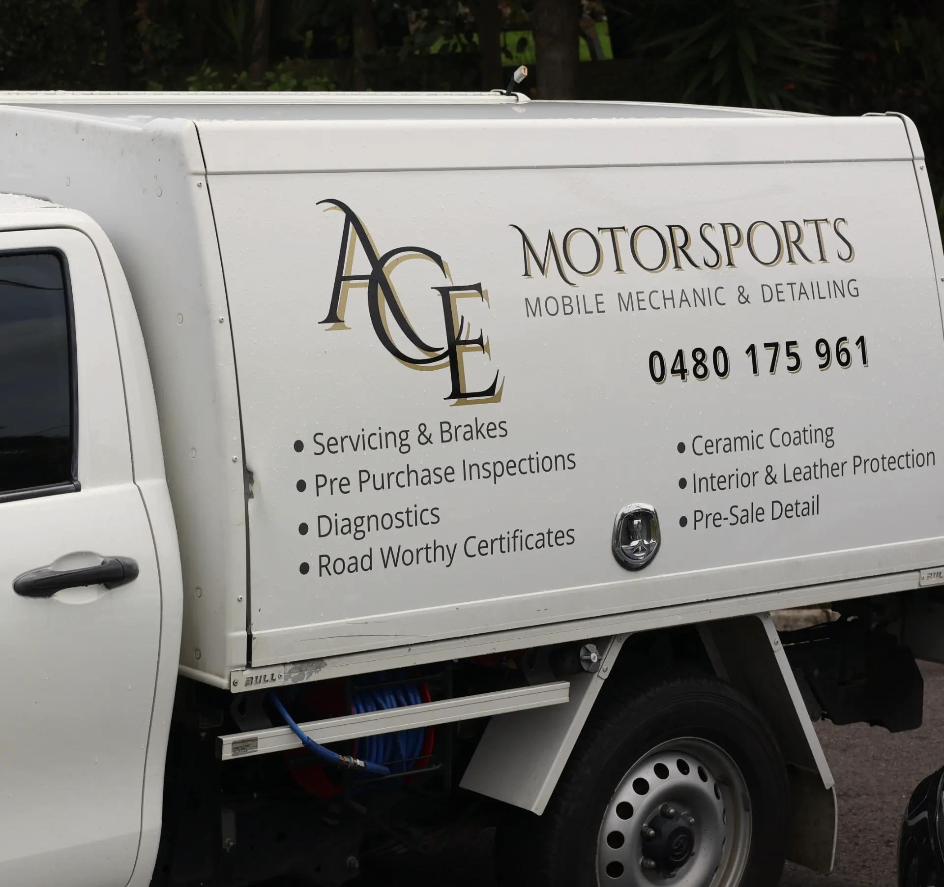 Ace Motorsports mobile mechanic and detailing ute parked on site